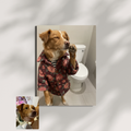 A custom AI-generated portrait of a dog wearing a shirt and holding a toilet brush. The art style is a