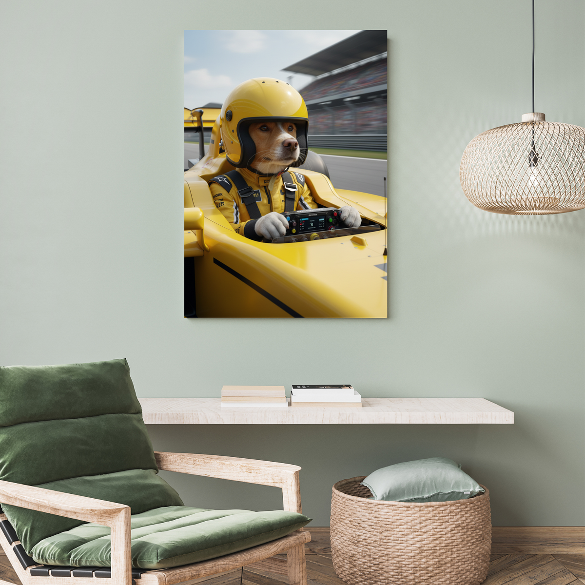 A framed wall print featuring a realistic digital portrait of a dog wearing a yellow F1 racing suit inside a
