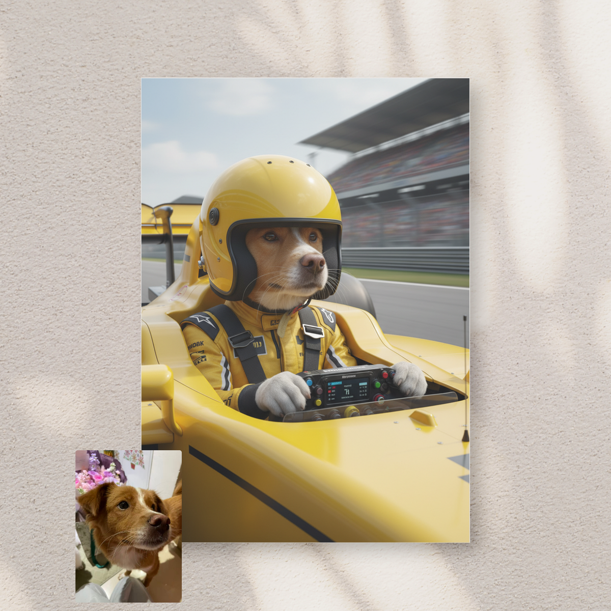 Framed art of a dog in a racing suit and yellow helmet driving a Formula One car on a racetrack,