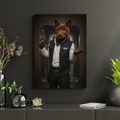 Framed print of a brown dog as Han Solo in a sci-fi hallway, displayed on a wall in a modern