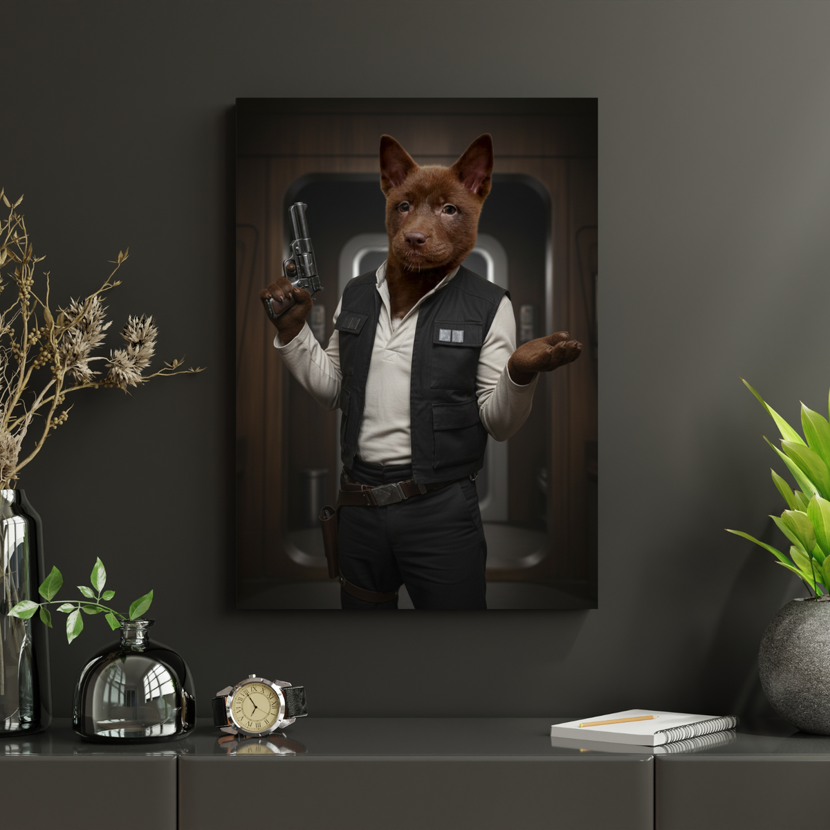 Framed print of a brown dog as Han Solo in a sci-fi hallway, displayed on a wall in a modern