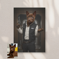 A framed print of a custom Han Solo pet portrait featuring a brown puppy with Star Wars attire in a