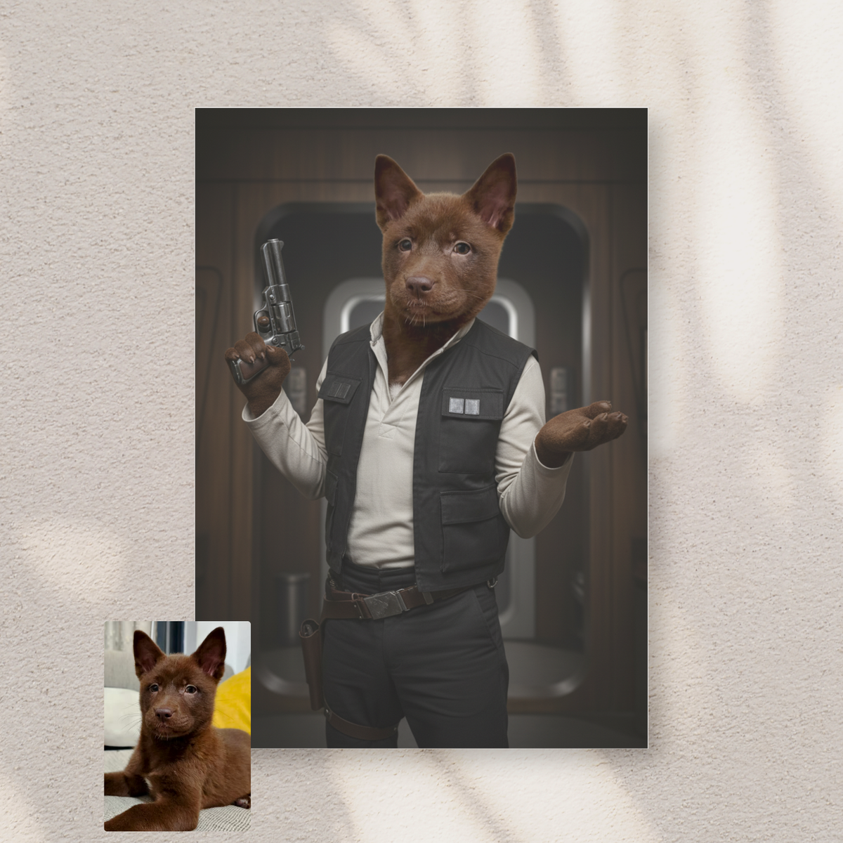 A framed print of a custom Han Solo pet portrait featuring a brown puppy with Star Wars attire in a