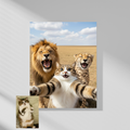 A custom AI-generated portrait of a lion, tiger, and cheetah, with the lion roaring and the tiger and cheetah smiling.