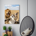 Framed wall art of a funny pet portrait showing a wide-eyed tabby cat taking a selfie with a roaring lion