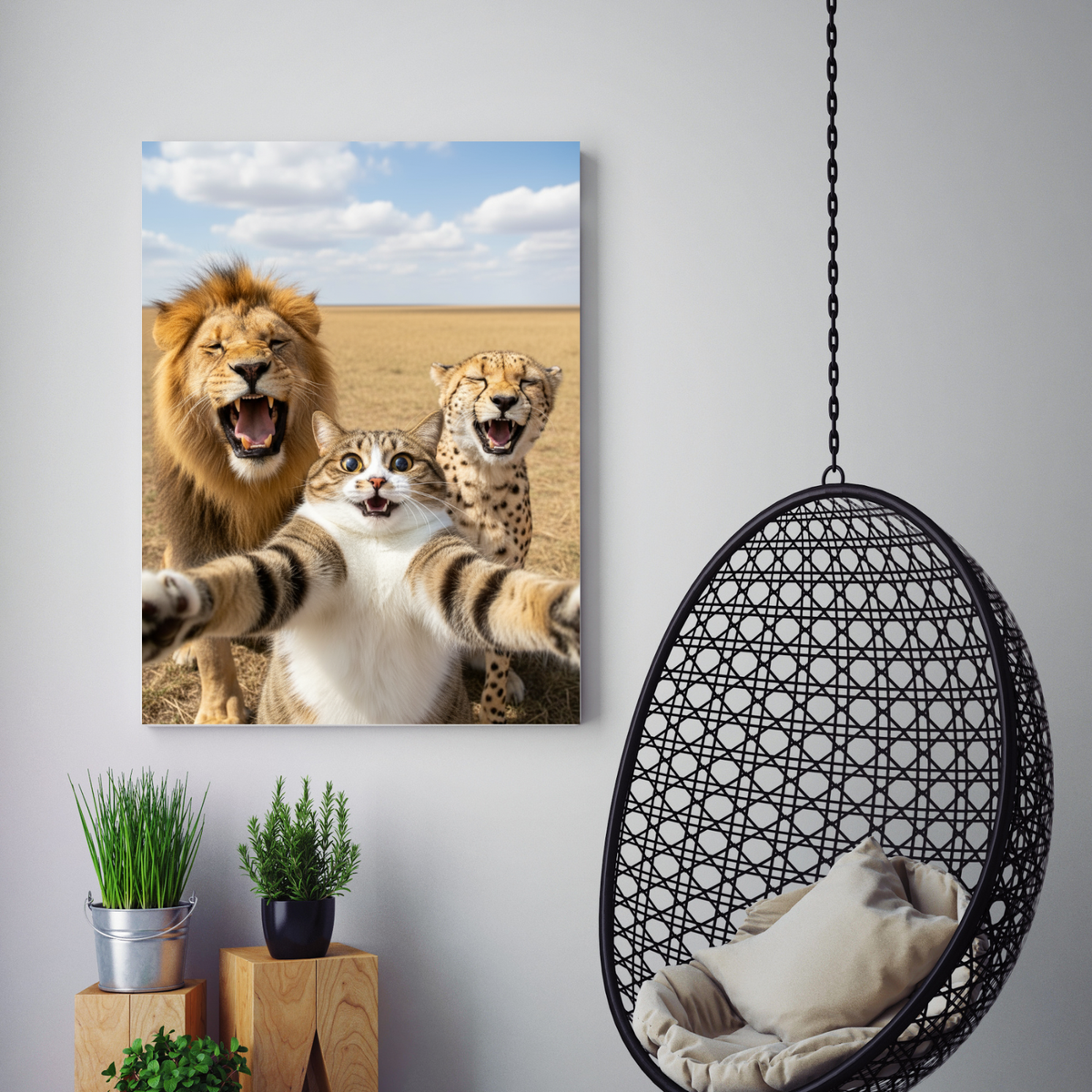 Framed wall art of a funny pet portrait showing a wide-eyed tabby cat taking a selfie with a roaring lion