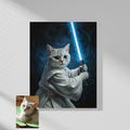 Framed print of an oil painting featuring a gray cat dressed as Luke Skywalker holding a lightsaber against a dark