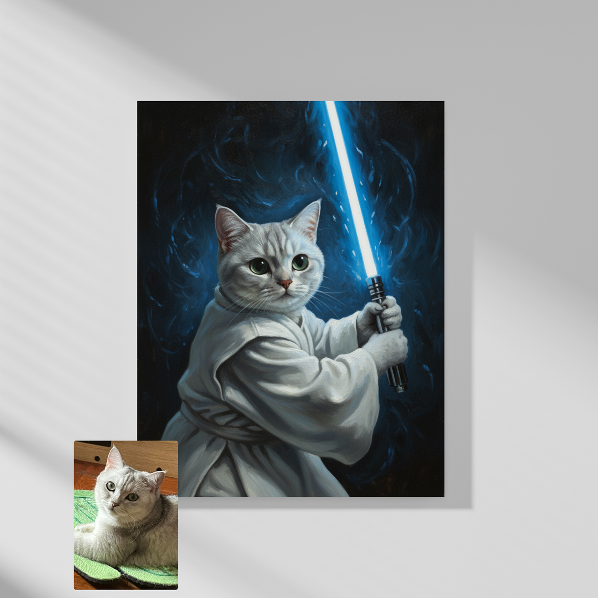 Framed print of an oil painting featuring a gray cat dressed as Luke Skywalker holding a lightsaber against a dark