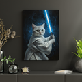 Framed print of an oil painting featuring a white cat in Luke Skywalker robes holding a blue lightsaber against a