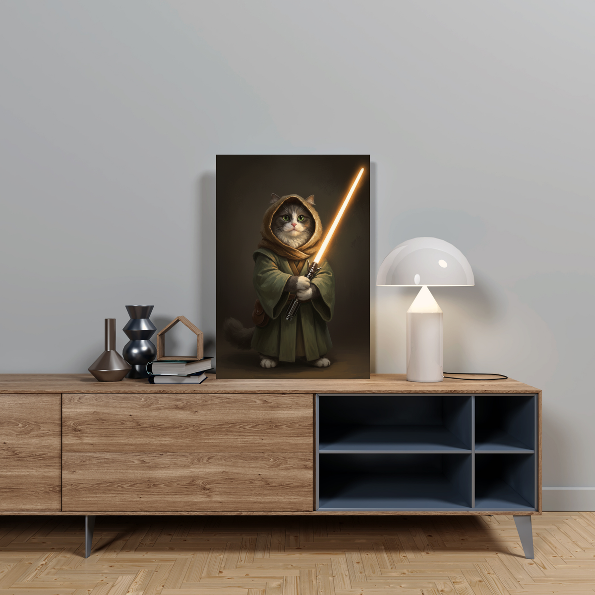 Framed wall art of a cat dressed as a Jedi in a digital painting style, displayed on a wooden cabinet