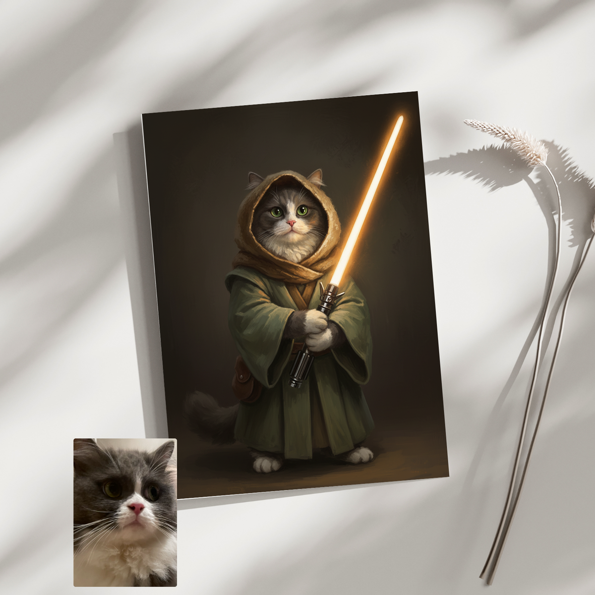 Customized digital oil portrait of a grey and white cat dressed as a Jedi, displayed as a print on a