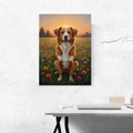 A framed oil painting print shows a golden-brown Australian Shepherd sitting in a vibrant, sunset-lit flower meadow.