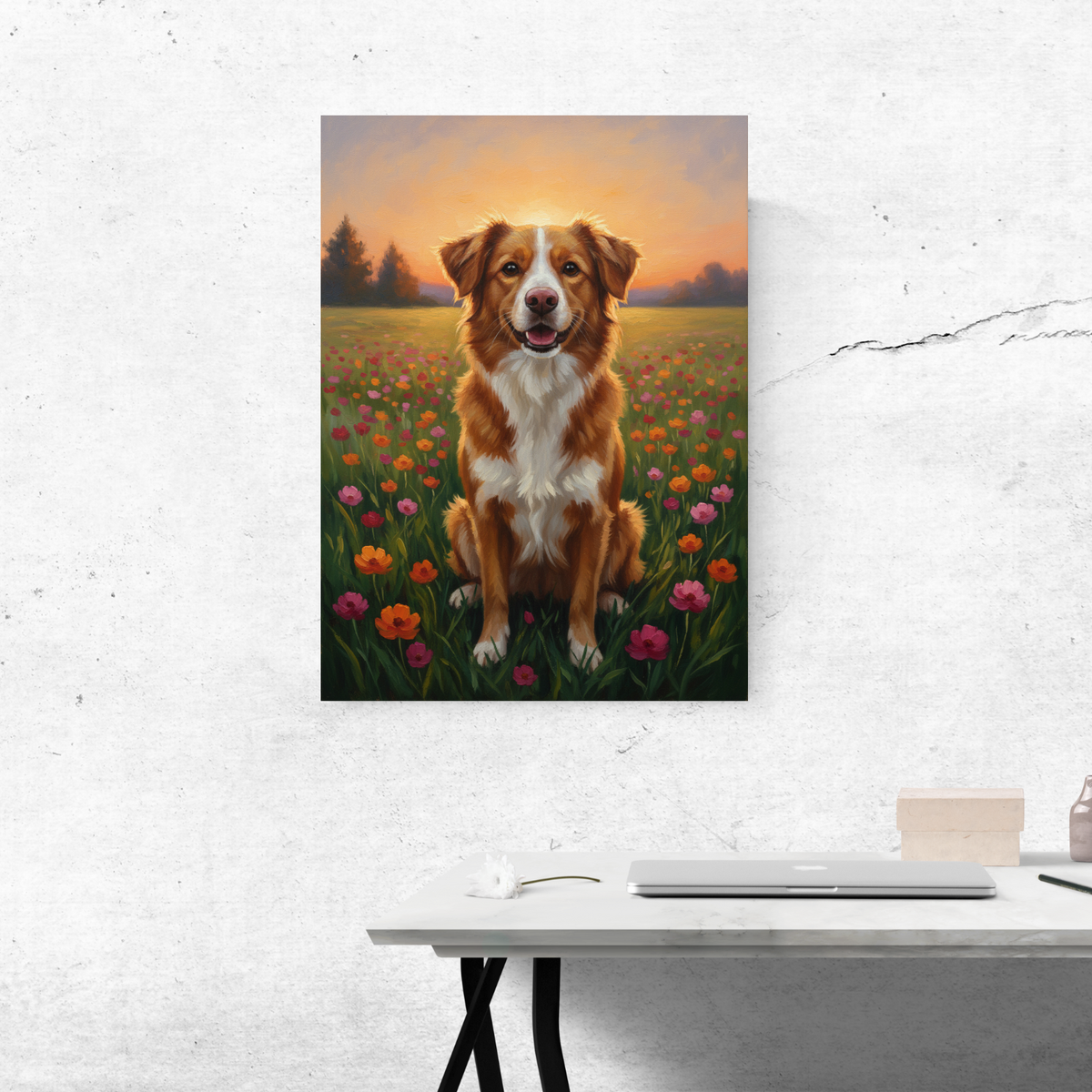 A framed oil painting print shows a golden-brown Australian Shepherd sitting in a vibrant, sunset-lit flower meadow.