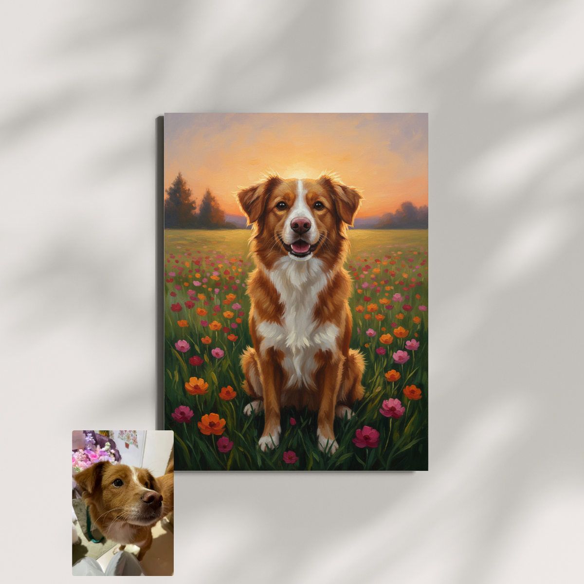 Framed print of an oil painting featuring a brown and white dog sitting in a sunset meadow of colorful flowers.