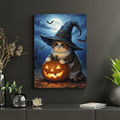 A framed print of an oil-painted tabby cat in a witch hat, sitting behind a glowing jack-o'-lantern under a moonlit