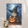 A framed print of a digital oil-style portrait featuring a tabby cat in a witch hat posing with a glowing