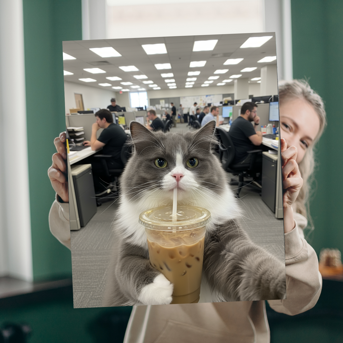 A woman holds a realistic print of a grey and white cat drinking iced coffee in an office setting.