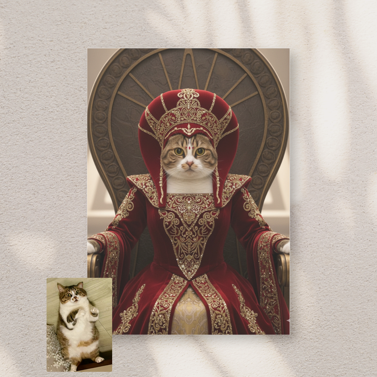 Framed print of a custom Padmé Amidala pet portrait, showing a brown tabby cat in regal red Star Wars attire