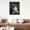Framed print of a fluffy grey cat wearing a cap and glasses, holding a popcorn bucket in a movie theater