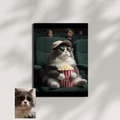 Framed print of a custom pet portrait featuring a grey and white cat in a beige hat and glasses eating