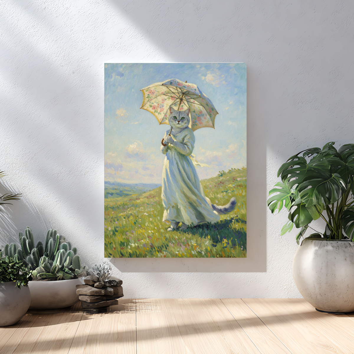 Framed wall art of an oil painting featuring a white cat in a flowing white dress and floral parasol in