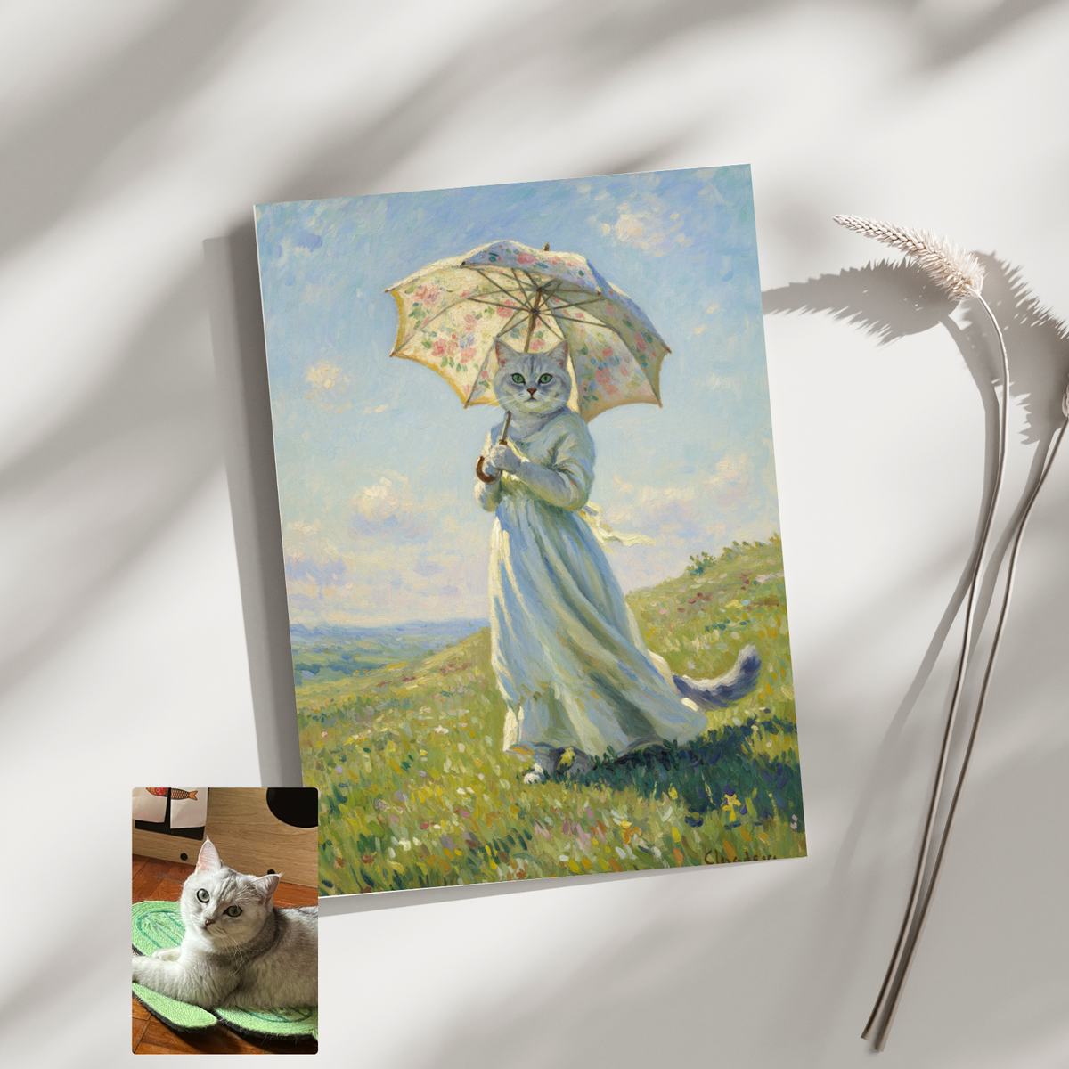 A framed oil painting print featuring a white cat, inspired by Monet, standing in a meadow holding a parasol.