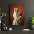 Framed print of a white cat dressed as Princess Leia in an oil painting style, hanging on a modern wall.