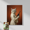 Framed print of an oil painting featuring a cat dressed as Princess Leia holding a blaster against an orange background.