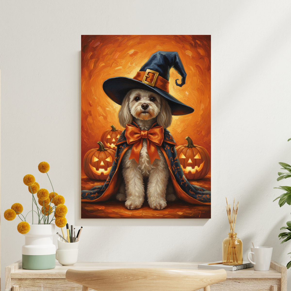 Oil painting print of a fluffy dog in a witch costume with an orange bow, sitting before glowing jack-o'-lanterns.
