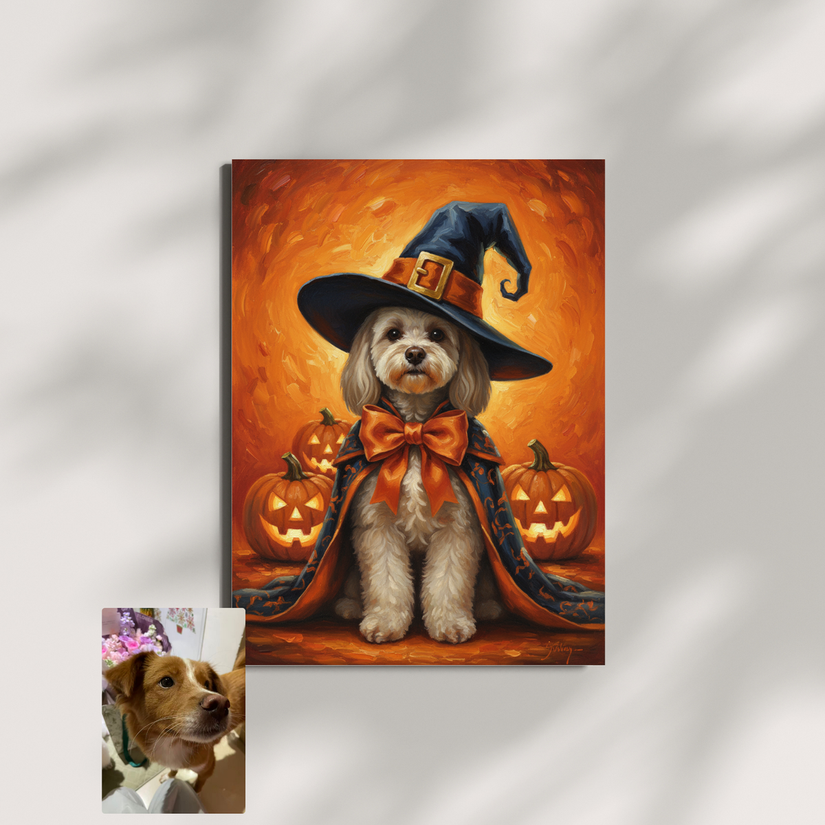 Framed print of a pet oil painting featuring a dog dressed as a witch, with an orange pumpkin background.