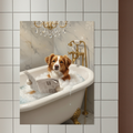 A framed print of an oil-style portrait featuring a brown and white dog reading a newspaper in a luxury bubble