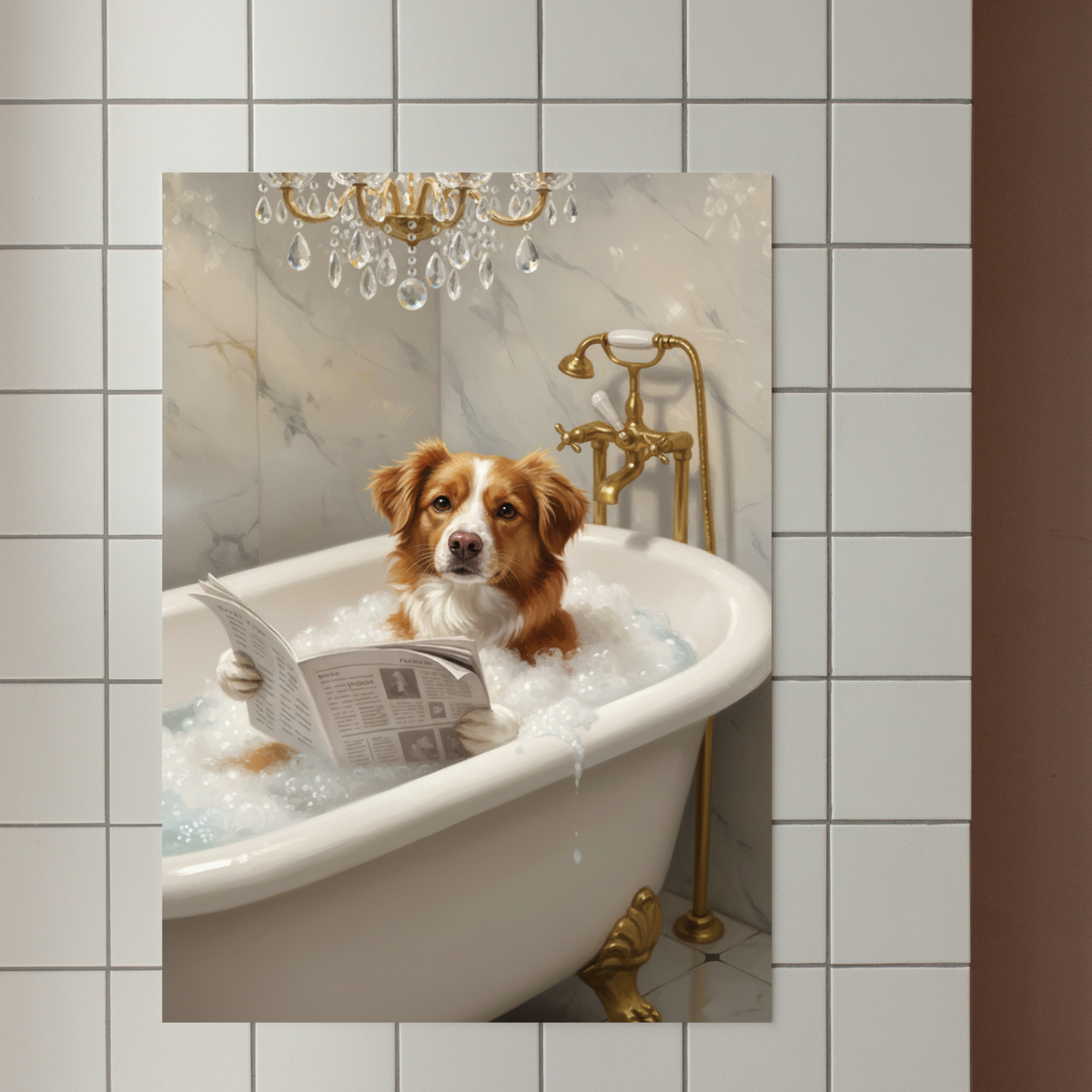 A framed print of an oil-style portrait featuring a brown and white dog reading a newspaper in a luxury bubble