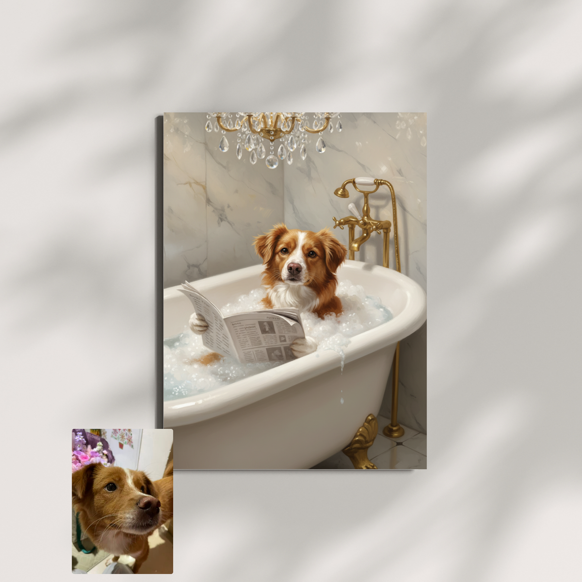 A framed print of a red and white dog relaxing in a luxurious bubble bath, reading a newspaper in an