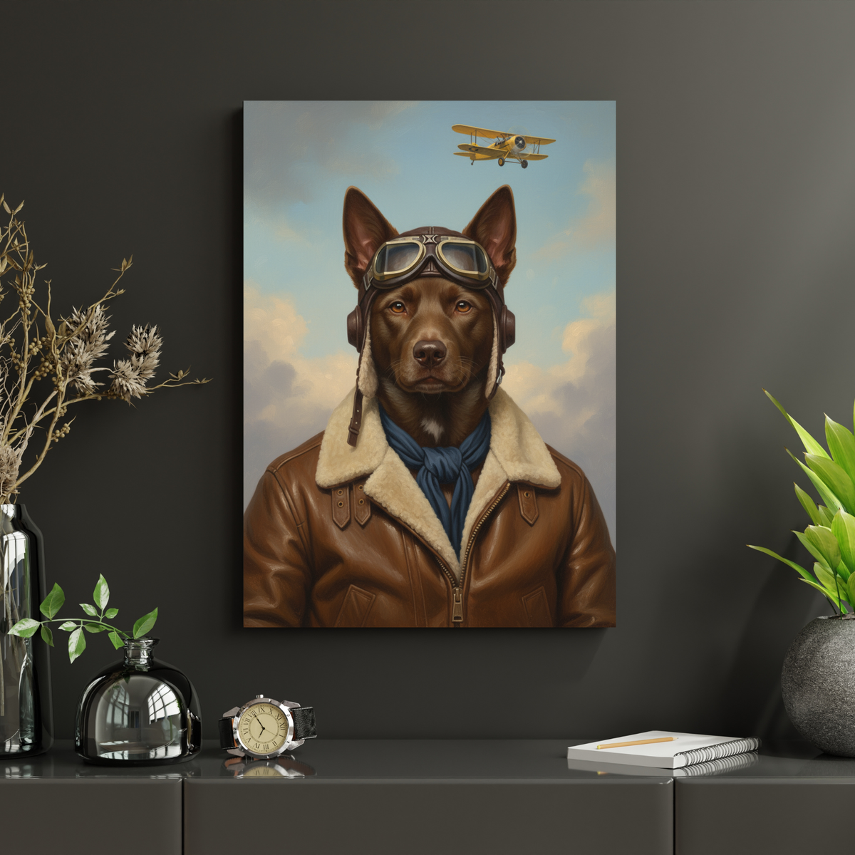 A custom AI-generated portrait of a dog wearing a leather jacket and goggles, with a blue background.