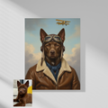 A custom AI-generated portrait of a dog wearing a leather jacket and goggles, with a plane in the background.