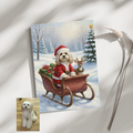 Framed print of an oil painting featuring a custom portrait of a white dog dressed as Santa in a sleigh