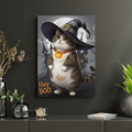 Framed print of a cartoon-style tabby cat wearing a witch hat and pumpkin necklace, set against a spooky Halloween castle.