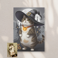 A framed Artzuzu Spooky Scholar portrait of a tabby cat in a witch hat, featured against a digital Halloween castle
