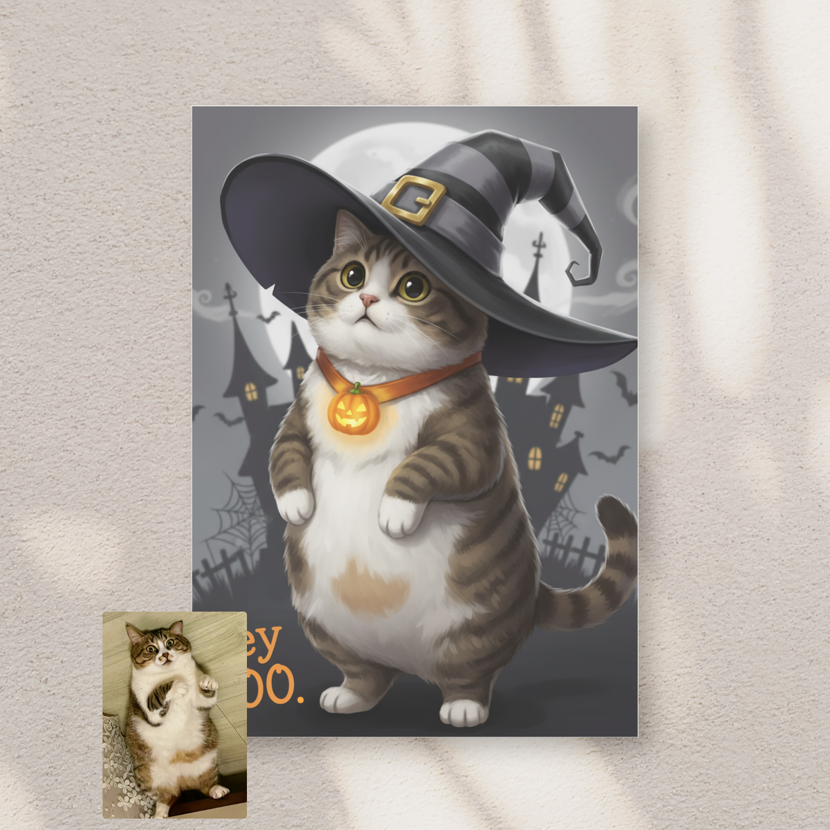 A framed Artzuzu Spooky Scholar portrait of a tabby cat in a witch hat, featured against a digital Halloween castle