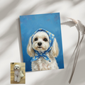 An oil painting-style custom pet portrait of a white dog wearing a blue daisy-patterned headscarf against a blue background.