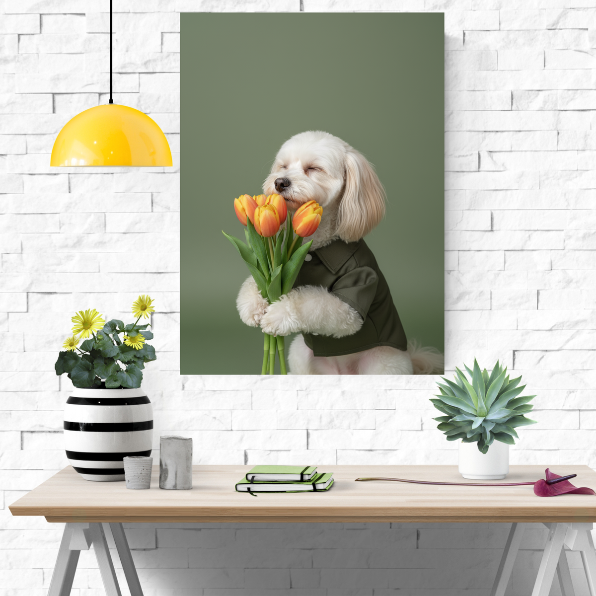 Framed print of a white dog wearing a green shirt and smelling orange tulips, depicted in a clean, studio-style portrait.