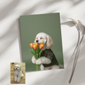 Artzuzu custom pet portrait print featuring a realistic fluffy dog in a green shirt holding tulips against a sage backdrop.