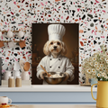 Framed print of a pet chef oil painting, showing a fluffy dog in a white chef’s hat and coat in