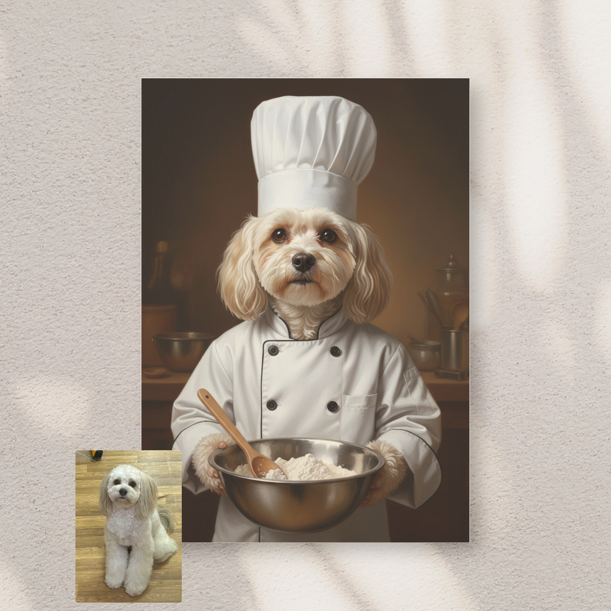 Framed wall art of a fluffy white dog dressed as a chef, holding a mixing bowl in a kitchen, in