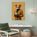 A framed print of a realistic pet portrait featuring a dog in a plaid blazer and turtleneck, holding a coffee.