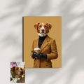 Artzuzu custom pet portrait showing a dog in a plaid blazer and turtleneck holding a coffee cup against a beige