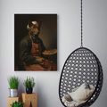 Framed oil portrait of a brown dog dressed as an artist, displayed in a modern room with a hanging chair