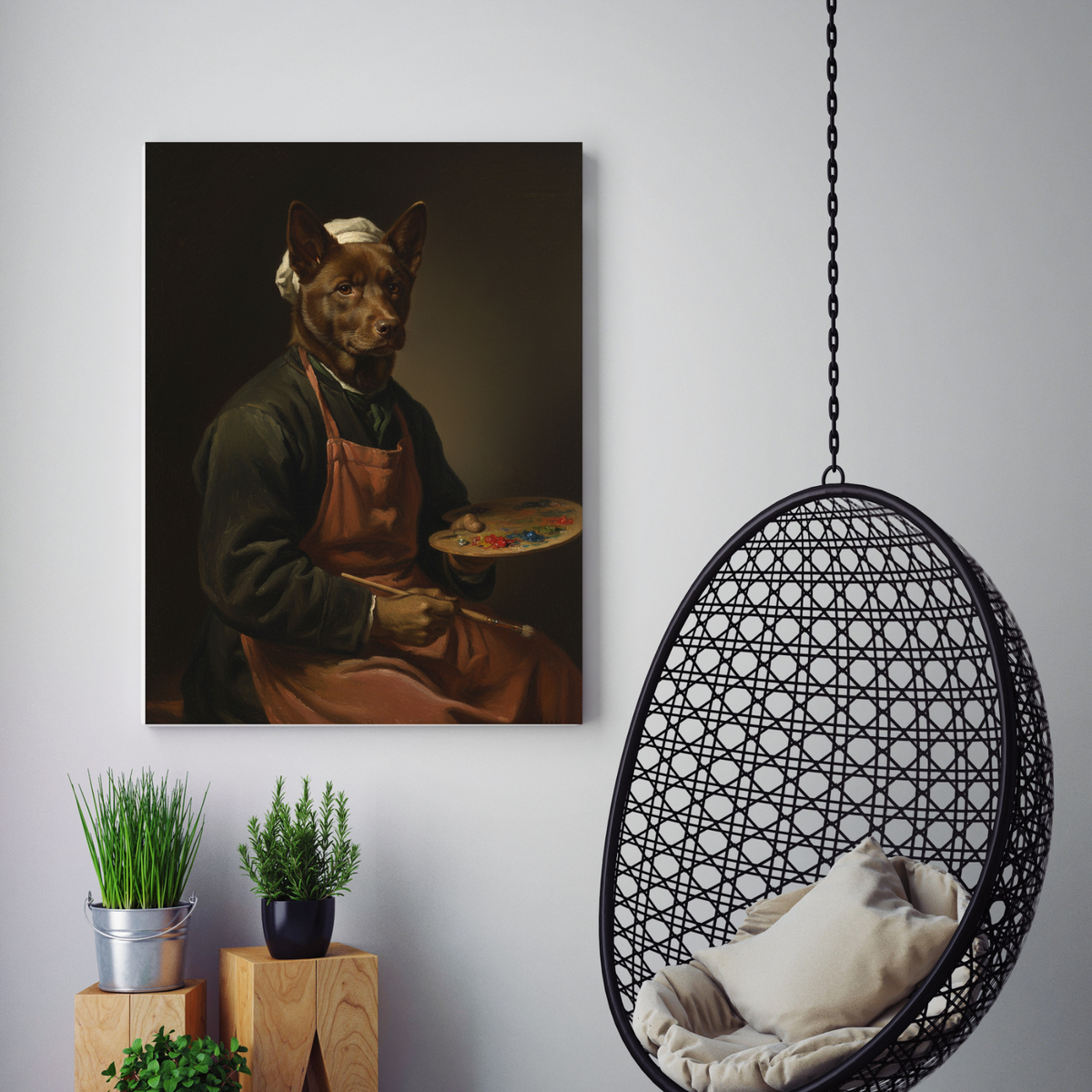Framed oil portrait of a brown dog dressed as an artist, displayed in a modern room with a hanging chair