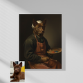 Framed wall print of a pet-inspired oil painting titled The Drawer, featuring a brown dog as a painter in a