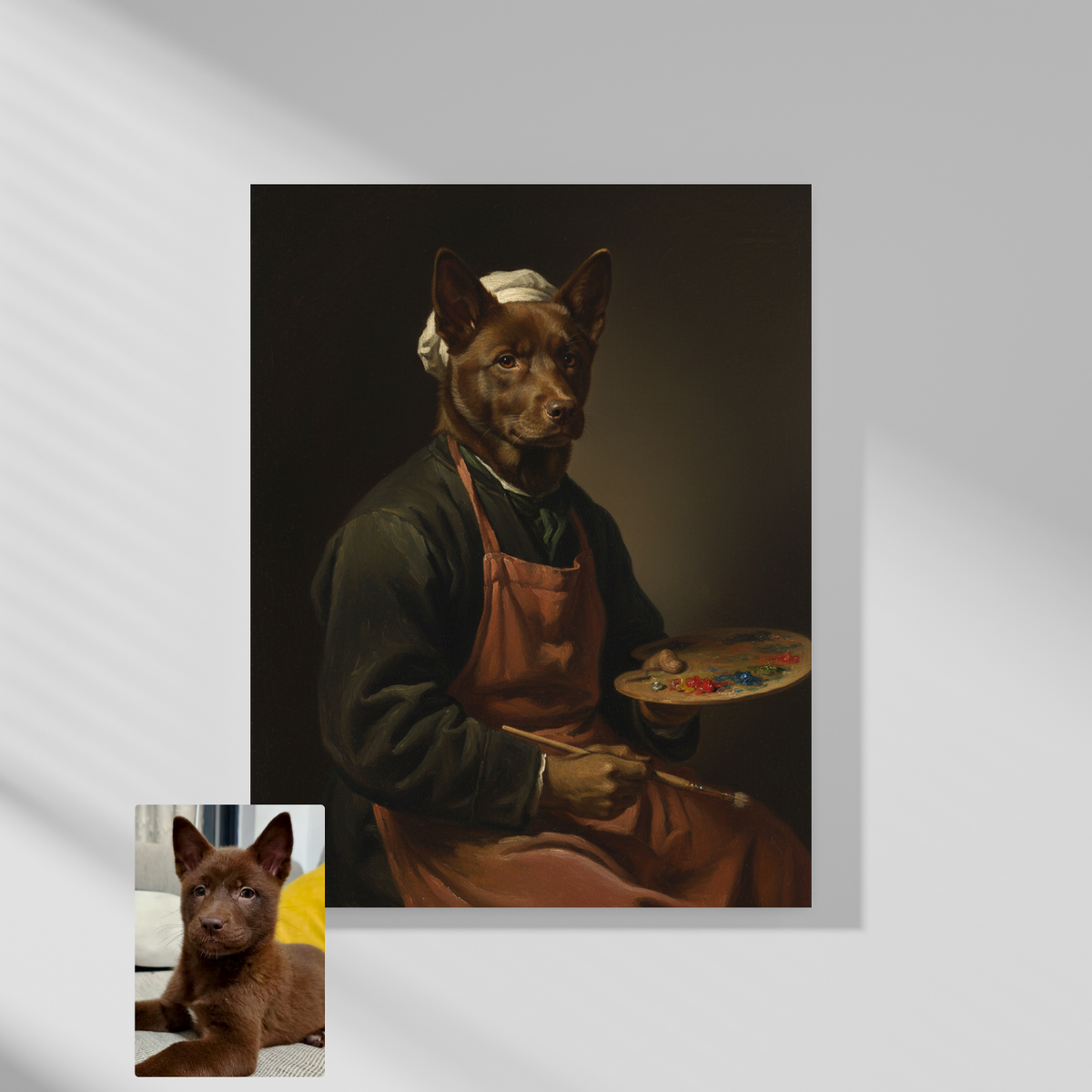 Framed wall print of a pet-inspired oil painting titled The Drawer, featuring a brown dog as a painter in a